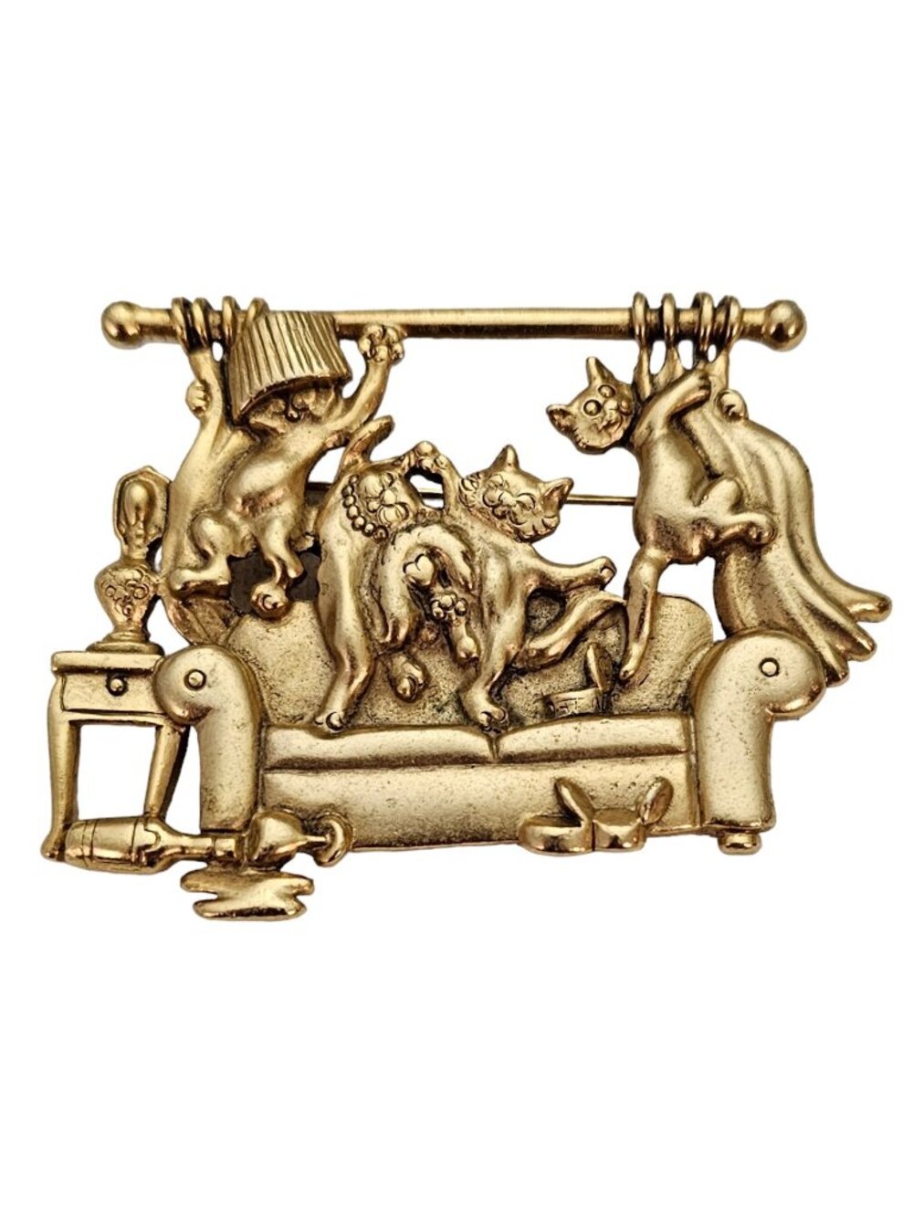Vintage AJC Gold Tone Naughty Cats Brooch, Signed L375 - Picture 1 of 8